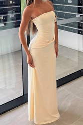 Champagne Strapless Sleeveless Ruched Bodycon Satin Floor Length Formal Evening Dress