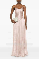 Champagne Strapless Sleeveless Sweetheart A-Line Satin Pleated Floor Formal Evening Gown