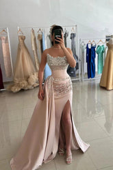 Champagne Strapless Sweetheart Satin Mermaid Beaded Applique Floor Length Evening Gown