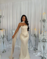 Champagne Strapless Sweetheart Sleeveless Mermaid Satin Beaded Floor Length Evening Gown