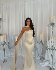 Champagne Strapless Sweetheart Sleeveless Mermaid Satin Beaded Floor Length Evening Gown