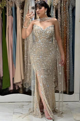 Champagne Strapless Sweetheart Sleeveless Mermaid Sequined Beaded Cape Formal Evening Gown