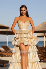 Champagne Strapless Sweetheart Sleeveless Ruffled Organza Fit and Flare Floor Evening Gown