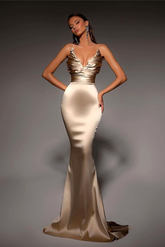 Champagne v-neck ruched mermaid evening dress