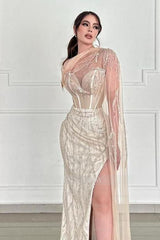 Champagne Sweetheart Long Sleeve Sequined Beaded Mermaid Floor Length Formal Evening Gown