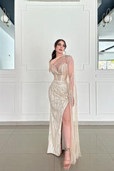 Champagne Sweetheart Long Sleeve Sequined Beaded Mermaid Floor Length Formal Evening Gown