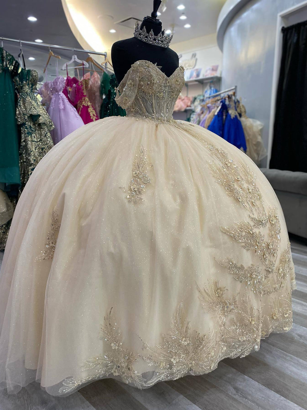Champagne Sweetheart Sleeveless Beaded Lace Applique 3D Flower Ball Gown Quinceanera Dress