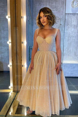 Champagne Sweetheart Sleeveless Corset Sequined A-Line Tea Length Formal Evening Dress