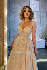 Champagne Sweetheart Sleeveless Corset Sequined A-Line Tea Length Formal Evening Dress