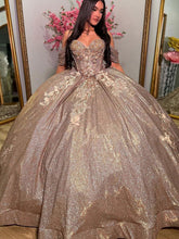 Champagne Sweetheart Sleeveless Floral Applique Beaded Ball Gown Quinceanera Dress