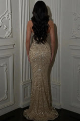 Champagne Sweetheart Sleeveless Sequin Embellished Mermaid Floor Formal Evening Gown