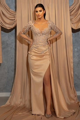 Champagne V-Neck 3/4 Sleeve Beaded Lace Appliques Mermaid Satin Floor Length Evening Gown