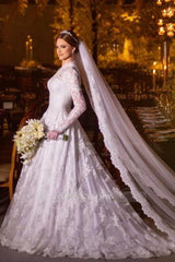 Charming A-Line Lace High Neck Long Sleeve White Wedding Dresses With Appliques