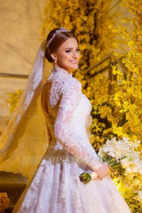 Charming A-Line Lace High Neck Long Sleeve White Wedding Dresses With Appliques