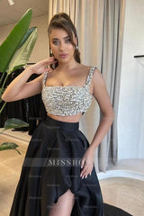 Charming A-Line Satin Square Sleeveless Black Prom Evening Dresses With Split