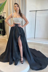 Charming A-Line Satin Square Sleeveless Black Prom Evening Dresses With Split