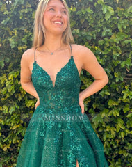 Charming A-line V-neck Sleeveless Ruffles Tulle Split Front Prom Dress