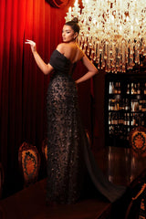 Charming Black Column Strapless Beaded One-Shoulder Sleeveless Split Front Long Lace Evening Dresses With Slit