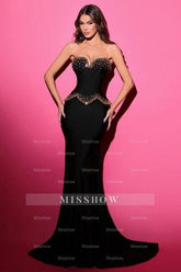 Charming Black Mermaid Sweetheart Sleeveless Beaded Sweep Train Satin Prom Dresses