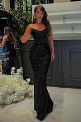 Charming Black Mermaid Sweetheart Sleeveless Sequined Beading Long Tulle Evening Dress