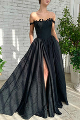 Charming Black Off the Shoulder Strapless Split Princess Long Formal Dress