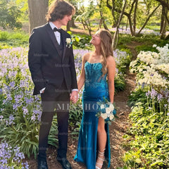 Charming Blue Column Strapless Sleeveless Sequined Lace Satin Prom Dress With Slit
