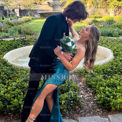 Charming Blue Column Strapless Sleeveless Sequined Lace Satin Prom Dress With Slit