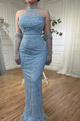 Charming Blue Halter Beaded Lace Mermaid Prom Dress
