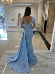 Charming Blue Mermaid Crew Long Sleeves Sequined Panel Train Long Tulle Evening Dresses With Rhinestones