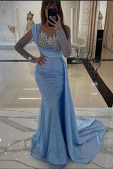 Charming Blue Mermaid Crew Long Sleeves Sequined Panel Train Long Tulle Evening Dresses With Rhinestones