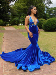 Charming Blue Spaghetti Straps V-neck Transparent lace Column Mermaid Prom Evening Dresses