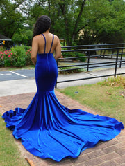 Charming Blue Spaghetti Straps V-neck Transparent lace Column Mermaid Prom Evening Dresses