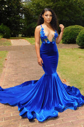 Charming Blue Spaghetti Straps V-neck Transparent lace Column Mermaid Prom Evening Dresses