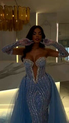 Charming Blue Strapless Sleeveless Long Mermaid Formal Dress with Beadings