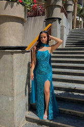 Charming Blue Strapless Sleeveless Pleated Long Formal Dress With Front Split