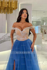 Charming Blue Sweetheart Off-The-Shoulder Beaded A-Line Sleeveless Floor-Length Evening Dresses With Slit