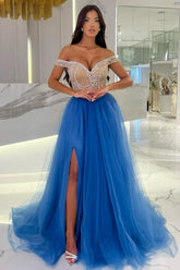 Charming Blue Sweetheart Off-The-Shoulder Beaded A-Line Sleeveless Floor-Length Evening Dresses With Slit