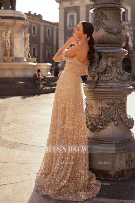 Charming Champagne A-Line Strapless Off-The-Shoulder Sleeveless Sequined Long Tulle Prom Dresses