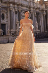 Charming Champagne A-Line Strapless Off-The-Shoulder Sleeveless Sequined Long Tulle Prom Dresses