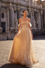 Charming Champagne A-Line Strapless Off-The-Shoulder Sleeveless Sequined Long Tulle Prom Dresses