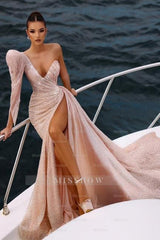 Charming Champagne Asymmetrical One-Shoulder Sequined Long Sleeves Panel Train Tulle Prom Dresses With Slit