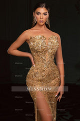 Gold strapless rhinestone column prom dress