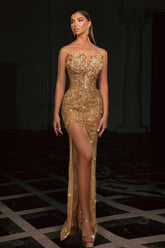 Gold strapless rhinestone column prom dress
