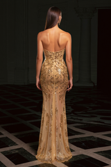 Charming Champagne Column Strapless Sleeveless Beaded Split Front Long Tulle Prom Dresses With Rhinestone