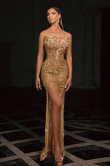 Charming Champagne Column Strapless Sleeveless Beaded Split Front Long Tulle Prom Dresses With Rhinestone