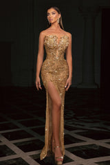 Charming Champagne Column Strapless Sleeveless Beaded Split Front Long Tulle Prom Dresses With Rhinestone