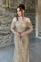 Charming Champagne Mermaid Off-The-Shoulder Spaghetti Strap Long Sleeves Sequined Long Tulle Evening Dress With Pearls