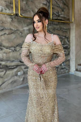 Charming Champagne Mermaid Off-The-Shoulder Spaghetti Strap Long Sleeves Sequined Long Tulle Evening Dress With Pearls