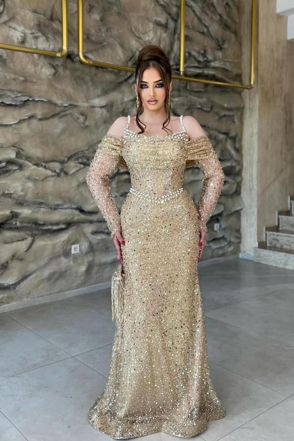 Charming Champagne Mermaid Off-The-Shoulder Spaghetti Strap Long Sleeves Sequined Long Tulle Evening Dress With Pearls
