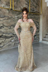 Charming Champagne Mermaid Off-The-Shoulder Spaghetti Strap Long Sleeves Sequined Long Tulle Evening Dress With Pearls